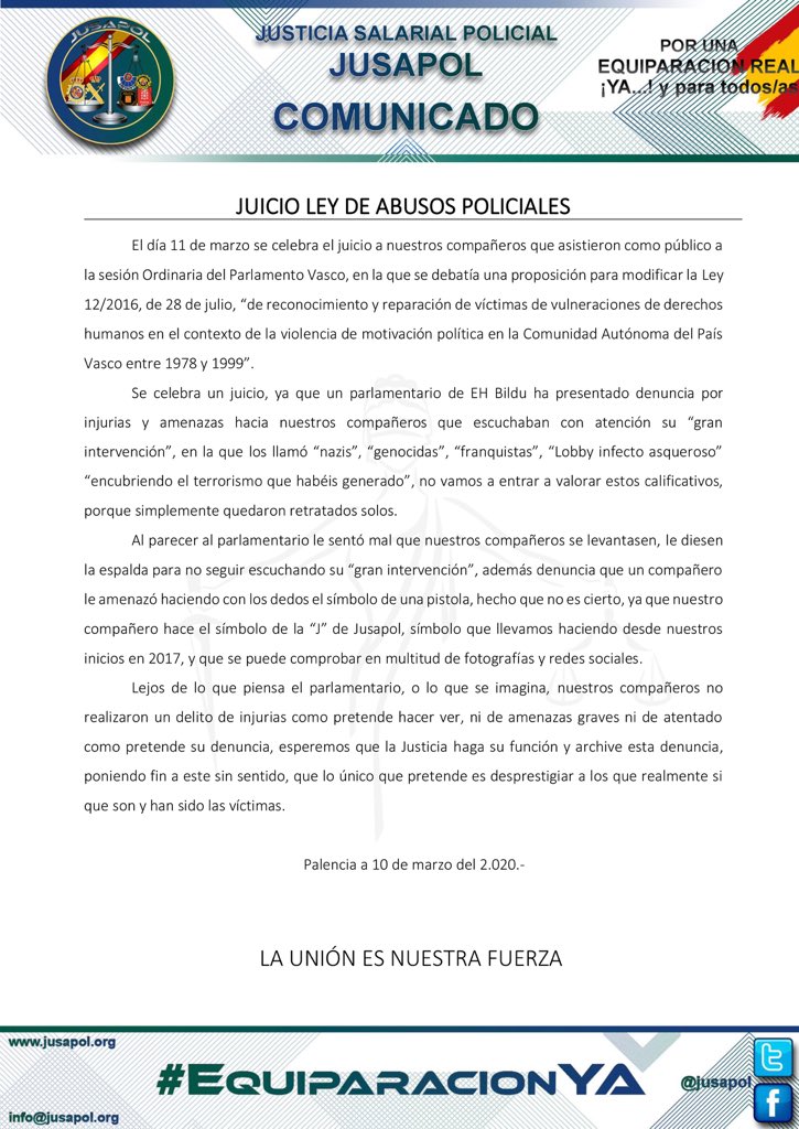 jusapol's tweet photo. Mañana se celebra el juicio por la denuncia de un parlamentario

El archivo del juez debe de ser lo más natural a este sin sentido

🟢🔵Nuestro apoyo a los compañeros 

#EquiparacionYa https://t.co/fm7KGqtjdv