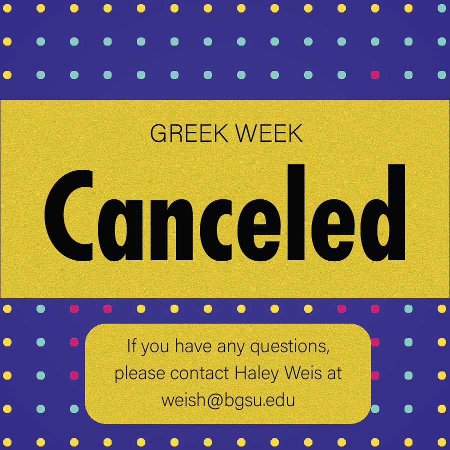 As of further notice, the 2020 BGSU Greek Week will be canceled. Chapter Presidents will receive more information from FSL staff to come.