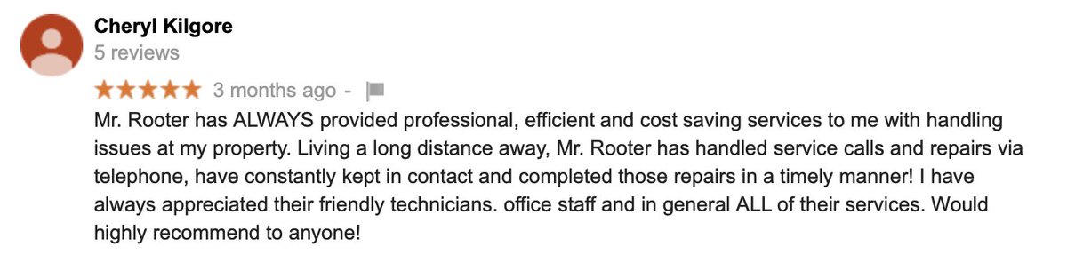 MrRooterSATX's tweet photo. "Mr. Rooter has ALWAYS provided professional, efficient and cost saving services to me with handling issues at my property. "

Cheryl Kilgore Via Google https://t.co/DDXMQKpEyY