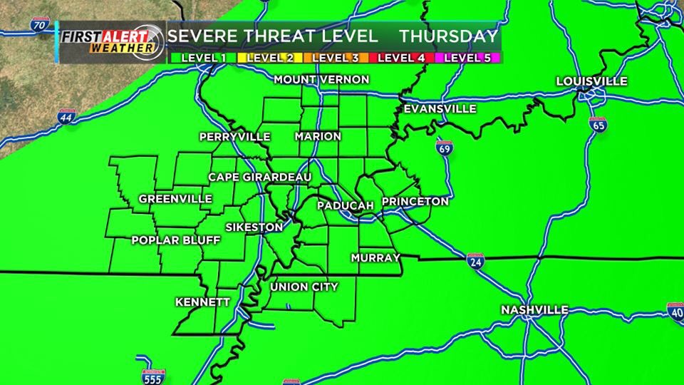 Strong to severe storms are possible Thursday.  All of the Heartland is under a level 1 threat (that is a 1 out of 5). Our best chances of strong storms will be through the afternoon and evening hours on Thursday.  Just wanted to give you the FIRST ALERT so you have time to plan!