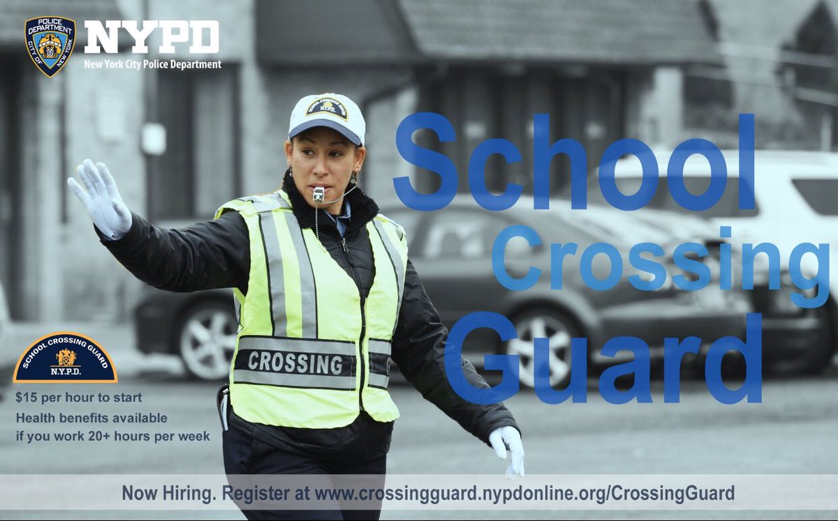 NYPD102Pct's tweet photo. The NYPD is hiring School Crossing Guards! Keep our children safe, while earning competitive pay, health benefits, and the ability to work close to home. Apply online, or in person at any precinct! For a full list of benefits and requirements visit: https://t.co/V2NpETPZeF https://t.co/YWETroAAmY