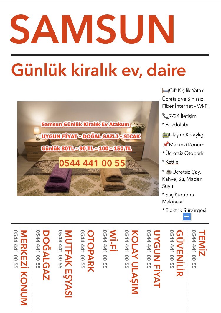 Hafta İçi (Pazartesi-Perşembe)
1+0 daire 1-2 kişi 80 Lira
Mini 1+1 1-4 Kişi 90 Lira
1+1 daire 1-4 kişi 100 lira
2+1 daire 1-6 kişi 150 lira

Daire Fotoğraflarına jollyhome.com.tr/jolly-home-tum…  <= Buradan Görün. #samsun #samsungünlükkiralıkev #samsungünlükkiralıkdaire #samsunapart