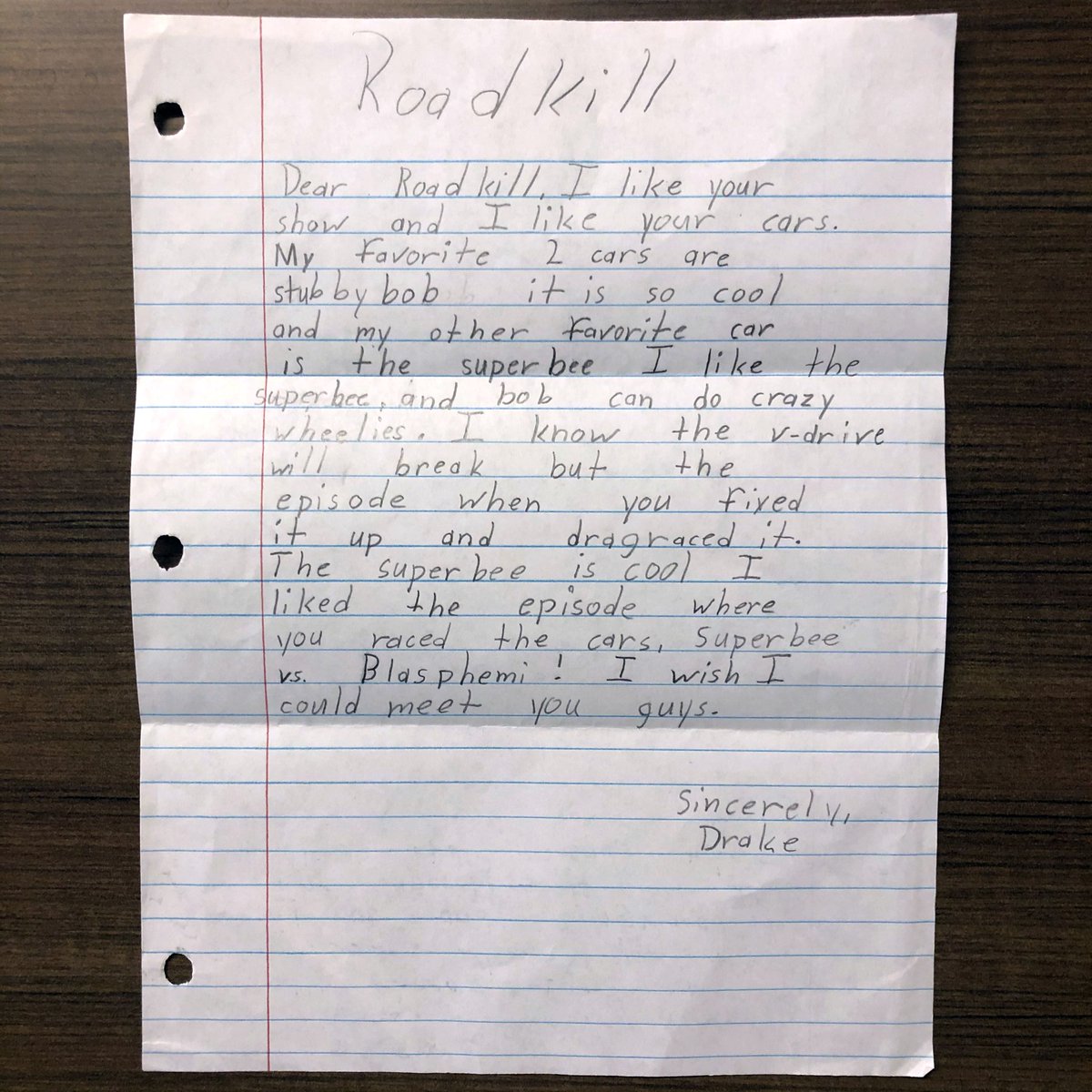 RoadkillShow's tweet image. We got another letter from a little Roadkiller! You&apos;re right, the Super Bee is super cool. Thank you Drake! ❤️ (Yes, we sent him stickers!)

#BecauseRoadkill #Roadkill #MotorTrend