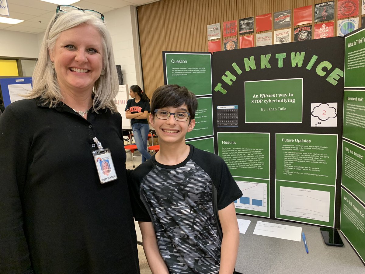 counselorGoins's tweet photo. @MeyzeekMiddle STEM Night with some very impressive projects!  This fella hit me right in my counselor ❤️ w an app to help prevent cyberbullying! Pic w his super impressed counselor Ms. Percival 😊 @DRondageorge @MichelleSircy @JCPSAsstSuptMS @MsMarstonTeach @hirthpj https://t.co/FCLtyRLb8o
