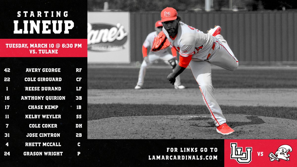 Lamar_Baseball's tweet photo. Today's lineup sees Jose Cintron getting his first collegiate start at second and Wright on the mound

Stats - https://t.co/1YULnFh7Pu
Video - https://t.co/4FUPL3GRWy

#WeAreLU #PeckTulane https://t.co/ZELZuRhwTa