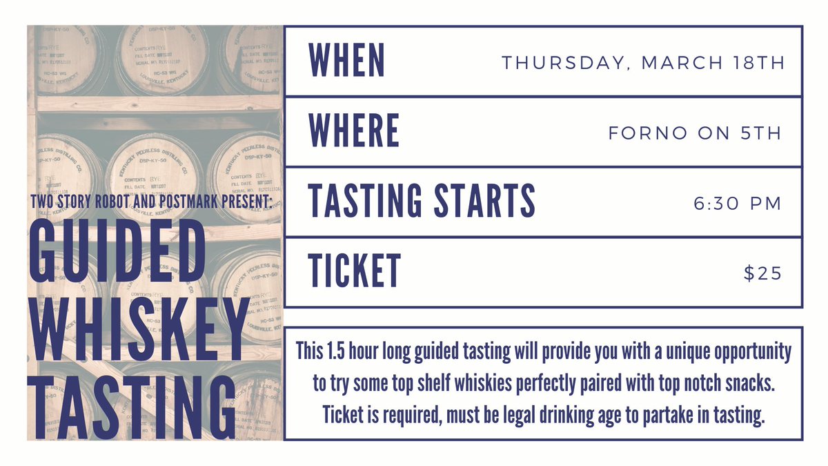 twostoryrobot's tweet photo. Love whiskey? Not sure how you feel about it? Never tried it, but Frank Sinatra loved it, so why not?
Join us on our Guided Whiskey Tasting at Forno on 5th next Thursday!!
Thanks to @postmarkapp for helping make this dream a reality🙌 #postmarkpizzaparty
https://t.co/c26Y6p1o2c https://t.co/2tK77ASBqx