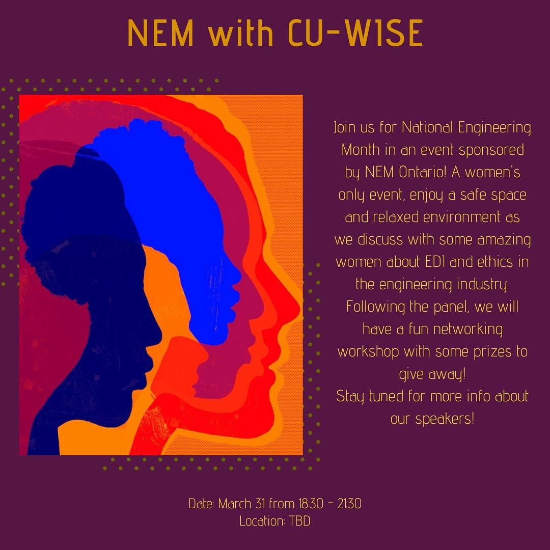 cuwise's tweet photo. Finish off you NEM with CU-WISE! We have a huge event planned for you including some amazing panelists and ladies from the industry to inspire and mentor. Register below!
https://t.co/AHG17d0lRy
#EDI #ChangeSTEAM #WomenInSTEM @NEMOntario
@CarletonU_Eng @CarletonScience https://t.co/2O10jXVJLG