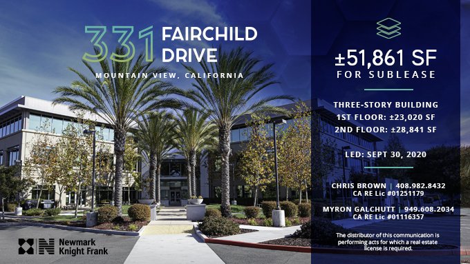Newmark_West's tweet image. Sublease Available in Mountain View, 51,861 SF @331 Fairchild Drive. Brokers Chris Brown and Myron Galchutt are spearheading leasing efforts, Ideal for tech, R &amp;amp; D, bio tech brands or established startups #mtview #siliconvalley #fairchilddrive #tech  #startups Call 408.982.8432