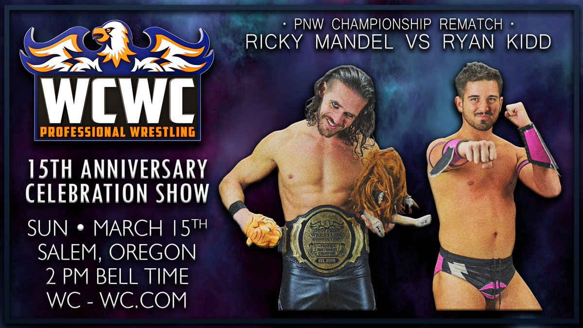 Ricky Mandel will defend against Ryan Kidd in a Pacific Northwest Championship Rematch LIVE in Salem this Sunday! Join us for a 2pm bell time at the Scottish Rite Center! 

Tickets on sale now at WC-WC.com! 

#TheWCWC #WCWC15