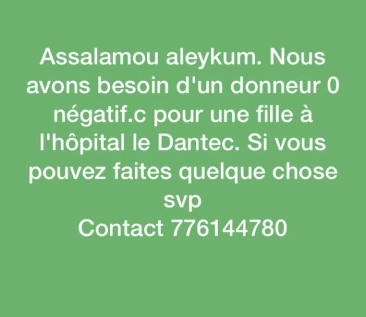 Guys, please appelez le numéro si vous êtes O- ou RT pour partager. Peut-être un de vos contacts peut aider. Nos hôpitaux manquent de sang pour sauver les malades . <a href="/paouz/">Paouz⭐2.024</a> @abdourami <a href="/wadeabou/">wadeabou</a> <a href="/jalybadiane/">Jaly Badiane AI MODE 🇸🇳🏆⭐⭐️</a> @Hannatou84