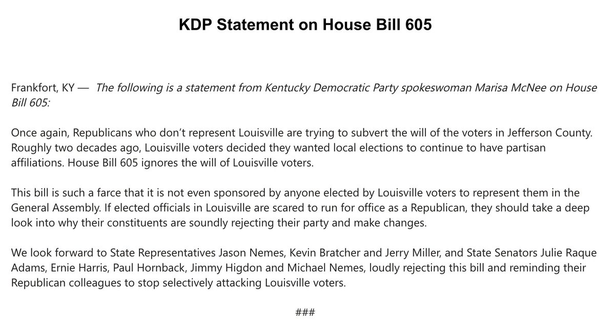 phillipmbailey's tweet photo. .@KyDems say they’re looking forward to #Louisville @KYSenateGOP and @KYHouseGOP members to “loudly rejecting (#HB605) and reminding their Republican colleagues to stop selectively attacking #Louisville voters.” #kyga20 https://t.co/47I4BdTUcv