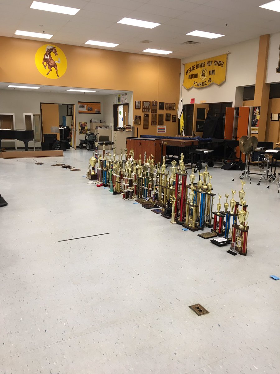 MeadeHSMusic's tweet photo. Today Meade IB Senior Percussionist Chris Jensen completed his CAS project: preserving MHS Music History!
With his dedicated team, Chris cleaned, catalogued, photographed, and ordered 224 awards! #AACPSAwesome work, Chris &amp; Friends!
 @MeadeIB @MusicAACPS @FredlriversF https://t.co/WgDJg2w739