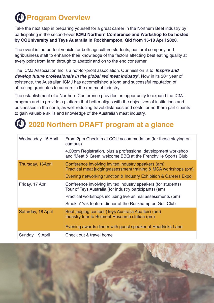 ausmeatjudging's tweet image. ICMJ Northern Conference is on again 15-18April in Rockhampton. For uni students &amp;amp; young industry professionals. Don't miss this amazing program @meatlivestock @AusRedMeat @TeysAustralia @CQUni @BeefAustralia @Aus_Meat_Ind icmj.com.au/2020/02/13/reg…