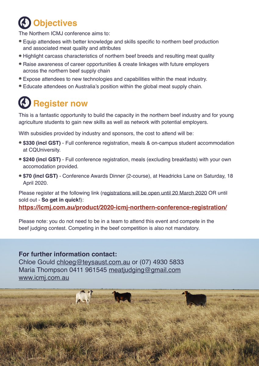ausmeatjudging's tweet image. ICMJ Northern Conference is on again 15-18April in Rockhampton. For uni students &amp;amp; young industry professionals. Don't miss this amazing program @meatlivestock @AusRedMeat @TeysAustralia @CQUni @BeefAustralia @Aus_Meat_Ind icmj.com.au/2020/02/13/reg…