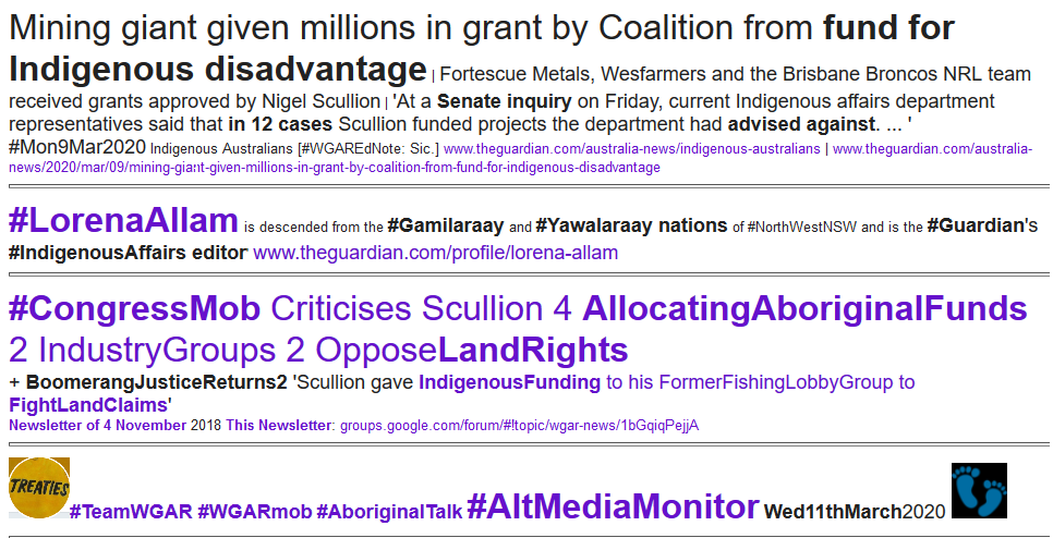 WgarNews's tweet photo. @Absurd_Penguin @JennyPineapple2 @RachelQuayle08 @WhteRbbnAdvocat @anne_clothier @LadyPoop2 @GoldCoastNurse @YaThinkN #LorenaAllam: '#MiningGiantGivenMillions inGrantByCoalitionFromFund4 #IndigenousDisadvantage' via #GuardianOz https://t.co/bpCz5oTSYW | #AltMedia 11Mar20 #CongressMob #CriticisesScullion 4 #AllocatingAboriginalFunds | #AboriginalBudget #AboriginalPoverty https://t.co/Ndcce1sHjZ https://t.co/5QxMb3Mgbo