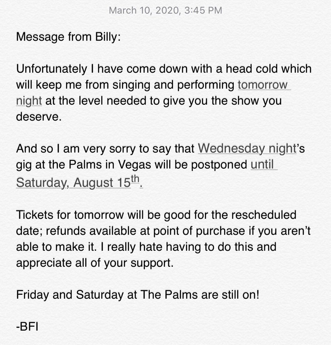 Regarding tomorrow night’s show is Vegas: