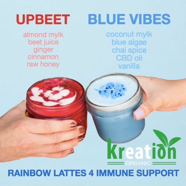 KreationJuice's tweet photo. Rainy days call for Rainbow Superfood Lattes! 🌈✨☕️ Give your #immunity a BOOST with ingredients like #ginger and #bluealgae. Are you Team UpBeet or Team Blue Vibes? https://t.co/l3zEpBPsbE