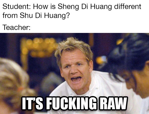 When rehmanniae root "is mixed with wine then steamed until cooked, its bitter flavor turns sweet, its cool nature turns warm, and it specifically enters the Liver organ to tonify the blood."
#chinesemedicinememes
