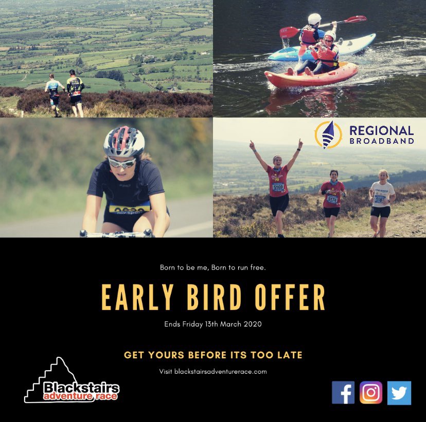 🚨EARLY BIRD OFFER🚨
Don’t miss out, early bird offer closes soon, get yours before it’s too late!!
7 Steps - €55
5 Steps - €55
3 Steps - €30
1 Step - €20 
Sunday 3rd May 2020, Race start point: Rathnure GAA. #BAR #BornToBeMeBornToRunFree  #adventurerace #run #cycle #kayak