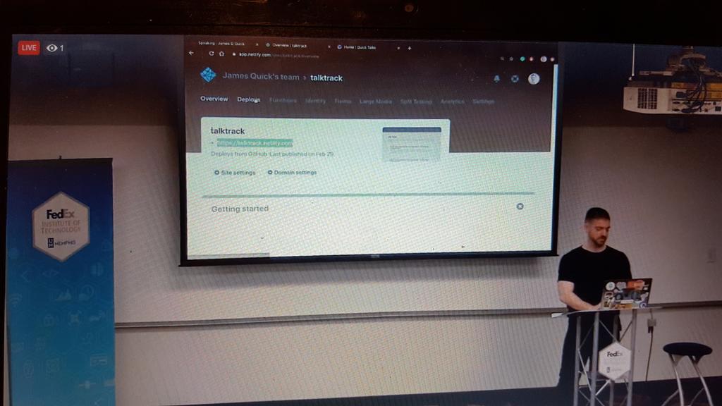 JCSmiley4's tweet image. #JQQuickTalks
Watching @jamesqquick talk at @MemphisWW on Facebook.  Learning about using serverless functions on Netlify.