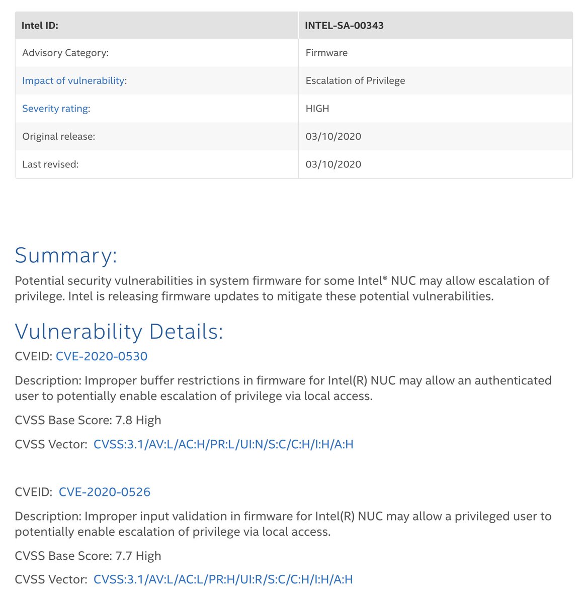 kkamagui1's tweet photo. Finally, my vulnerability related to Intel PTT was published! The vulnerability is not an unknown CVE anymore. The Intel SA is INTEL-SA-00343, and CVE is CVE-2020-0526. Thank you for the Intel Security. #BitLeaker #BlackHat https://t.co/eeysiAKxGC https://t.co/6kmKLoXsRZ