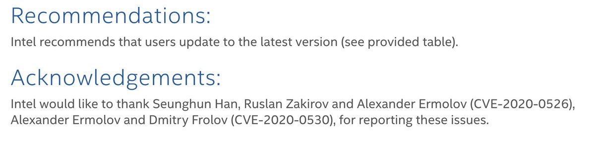 kkamagui1's tweet photo. Finally, my vulnerability related to Intel PTT was published! The vulnerability is not an unknown CVE anymore. The Intel SA is INTEL-SA-00343, and CVE is CVE-2020-0526. Thank you for the Intel Security. #BitLeaker #BlackHat https://t.co/eeysiAKxGC https://t.co/6kmKLoXsRZ
