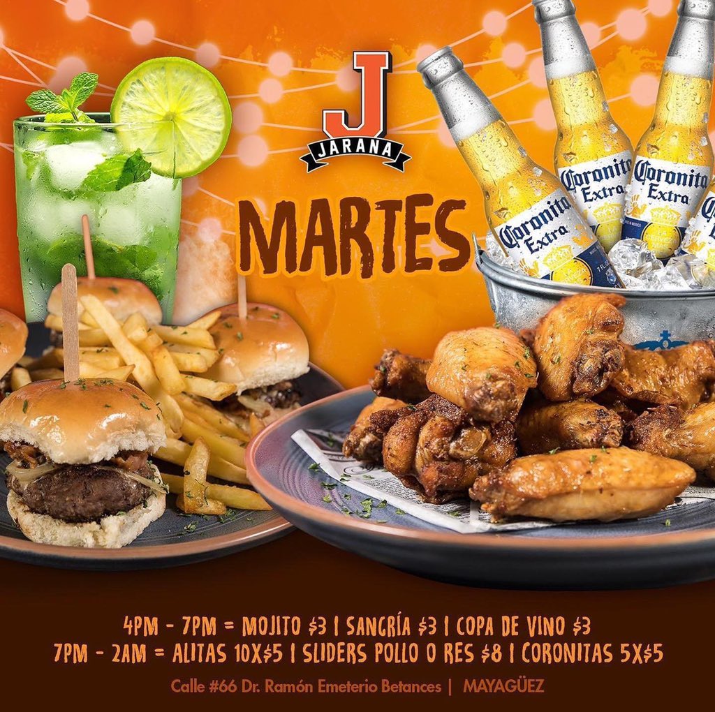 JaranaCollegeB's tweet photo. Por sólo $3 pesitos escoge entre mojito, sangría🍹 o copa de vino🍷. Si lo tuyo es compartir por sólo $5 pesitos llévate 5 coronas🍻 o 10 alitas🍗. Y si tus munchies están en high sliders 🍔 a $8 pesitos. ¡Variedad es nuestra garantía, tu satisfacción es nuestro compromiso! https://t.co/QXvyJJVRwE