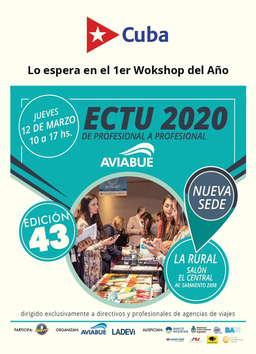JanetAyala_'s tweet photo. Descubre los encantos y novedades de la #AuténticaCuba justo en la entrada de la #ECTU2020, #DeProfesionalAProfesional, primer workshop del año en que daremos a conocer a #CubaDestinoSeguro como país invitado de #FITArgentina2020, porque #UnaVezCuba #SiempreCuba
#CubaTravel https://t.co/6kj7jTmlt4