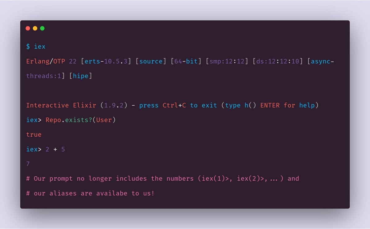elixirschool's tweet image. Did you know with the `.iex.exs` file you can customize your IEx experience? Change the prompt, set up frequently used aliases, import modules, and more!
Check out the docs for more details: hexdocs.pm/iex/IEx.html#m…
#myelixirstatus #learnelixir #openeducation