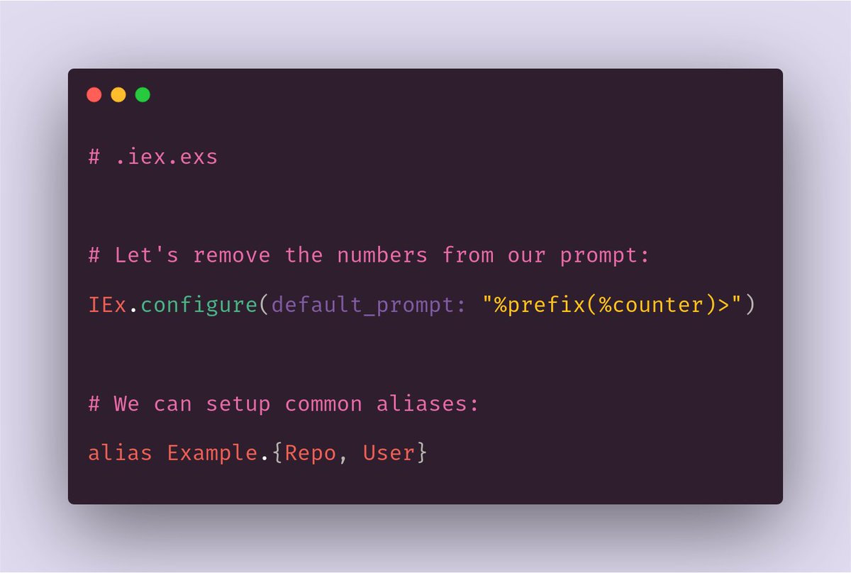 elixirschool's tweet image. Did you know with the `.iex.exs` file you can customize your IEx experience? Change the prompt, set up frequently used aliases, import modules, and more!
Check out the docs for more details: hexdocs.pm/iex/IEx.html#m…
#myelixirstatus #learnelixir #openeducation