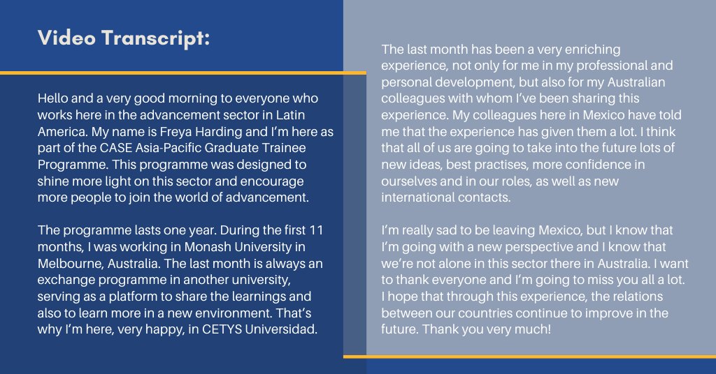 case_asia_pac's tweet photo. As part of #CASEGTP 2019, Freya Harding trained at @MonashUni &amp; @cetysuni in Mexico for her secondment. This exchange of best practices benefited both universities, each gaining global insights into advancement sectors. Hear her experience in this video: https://t.co/oGTrKBRpHT https://t.co/0G7XcAboBC