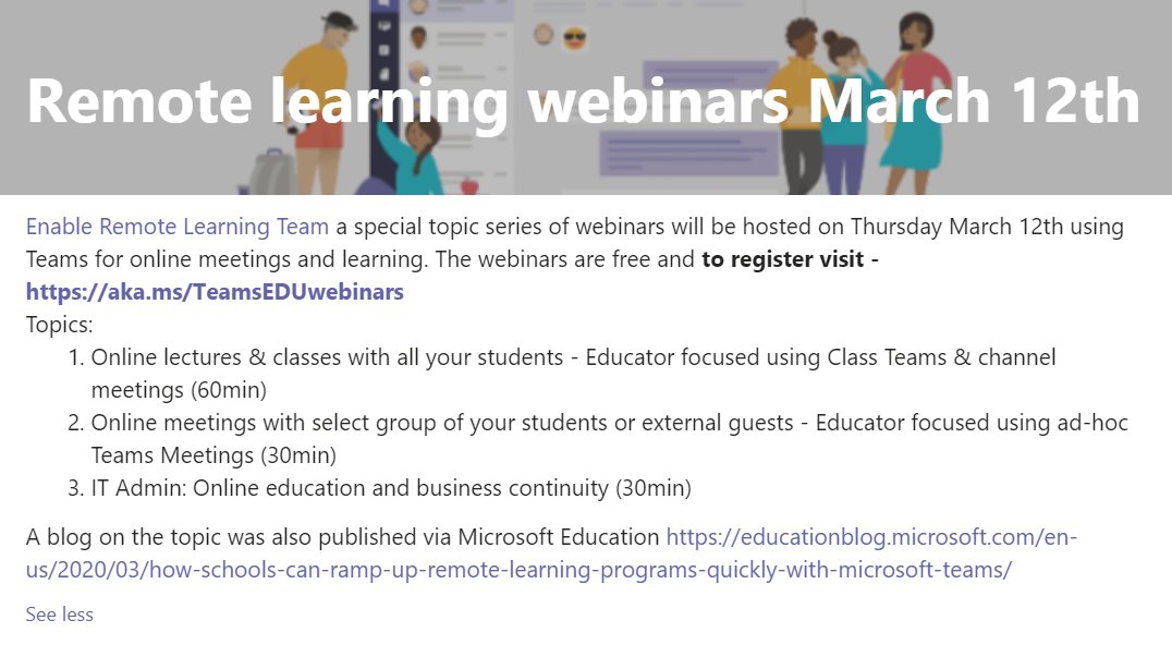 Join our free #RemoteLearning webinars to learn how to use the free <a href="/MicrosoftTeams/">Microsoft Teams</a> platform for online learning

📅 Thurs, March 12th, 8am, 8:30am and 9:30am

Sign up here: aka.ms/TeamsEDUwebina…

Details below 👇