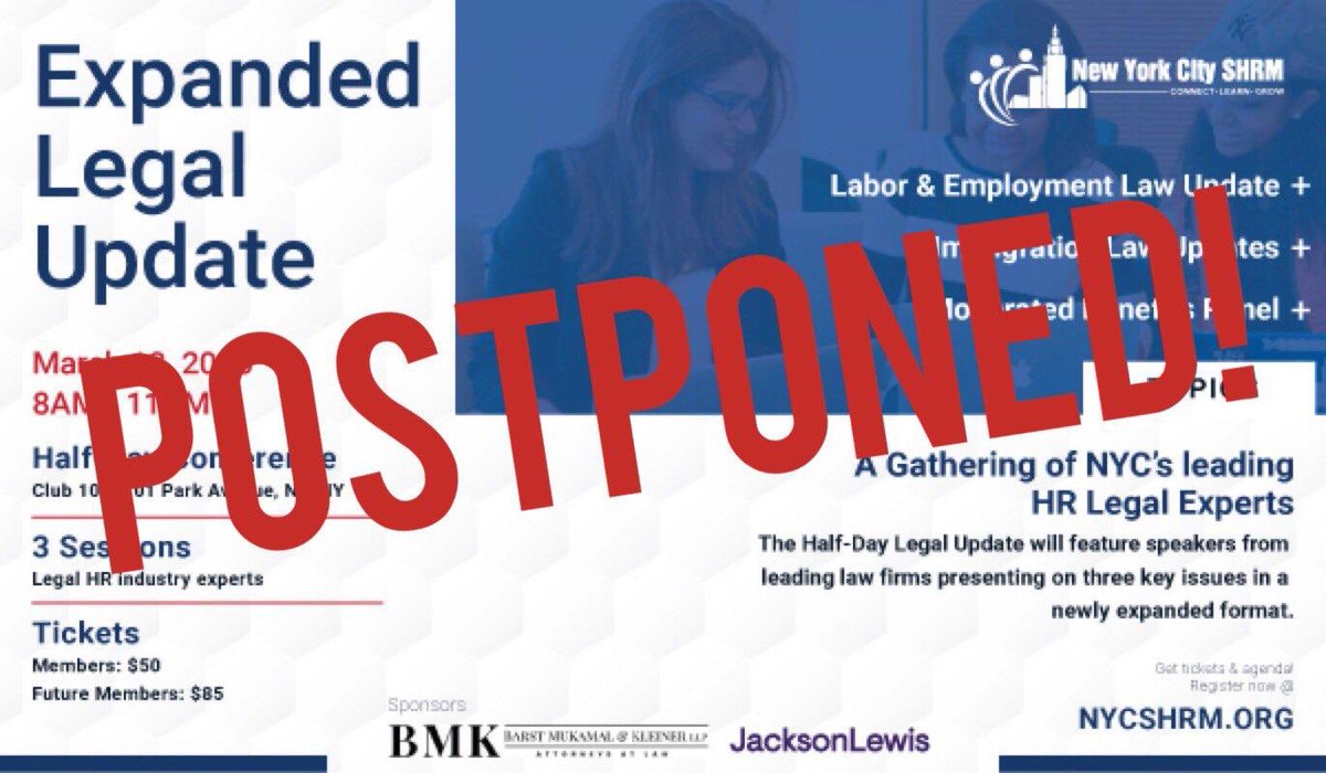 nystateofmind09's tweet photo. 💥💥IMPT. ALERT💥💥
This Friday’s (3/13) 😳🚫🤭 Legal Update is POSTPONED‼️
The Legal Update is being rescheduled for a later date.  @NYCSHRM https://t.co/C6aleMT9PR