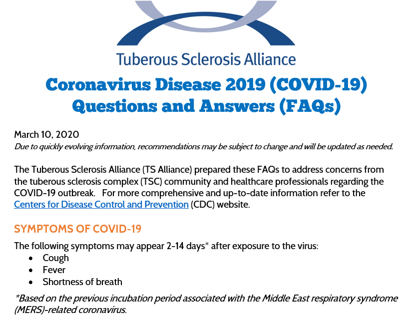 tscalliance's tweet photo. In coordination with our Professional Advisory Board, the Tuberous Sclerosis Alliance has developed a FAQ guide on Coronavirus (COVID-19) for families and individuals affected by tuberous sclerosis complex (TSC). 

You can find the FAQ here: https://t.co/h3A2modB1z https://t.co/CBoOmF4Dao
