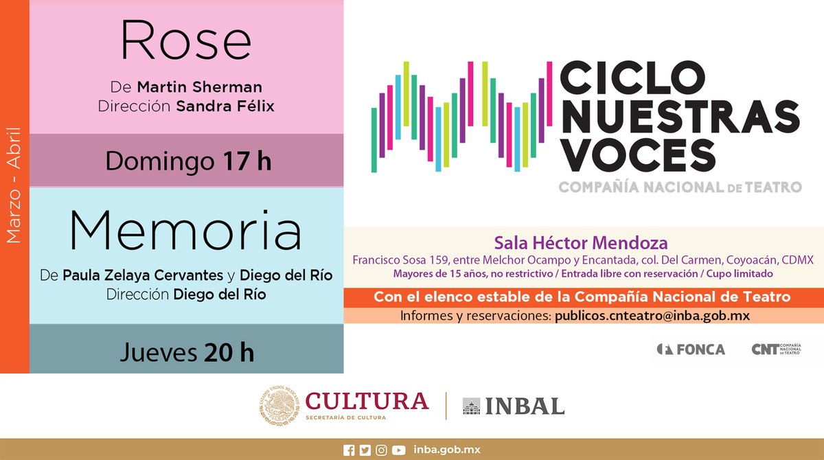 CNTeatromx's tweet photo. ¿Cuál obra vas a venir a ver en la Sala Héctor Mendoza? Informes y reservaciones: publicos.cnteatro@inba.gob.mx https://t.co/82jDzXbArf