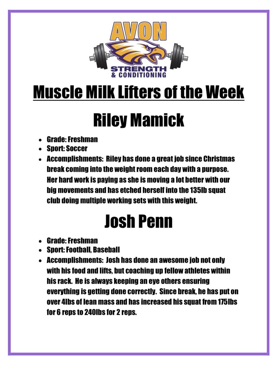 Congrats to our Muscle Milk Lifters of the Week! See one of your strength coaches for your t-shirt! 💪🏻🦅#ItsA