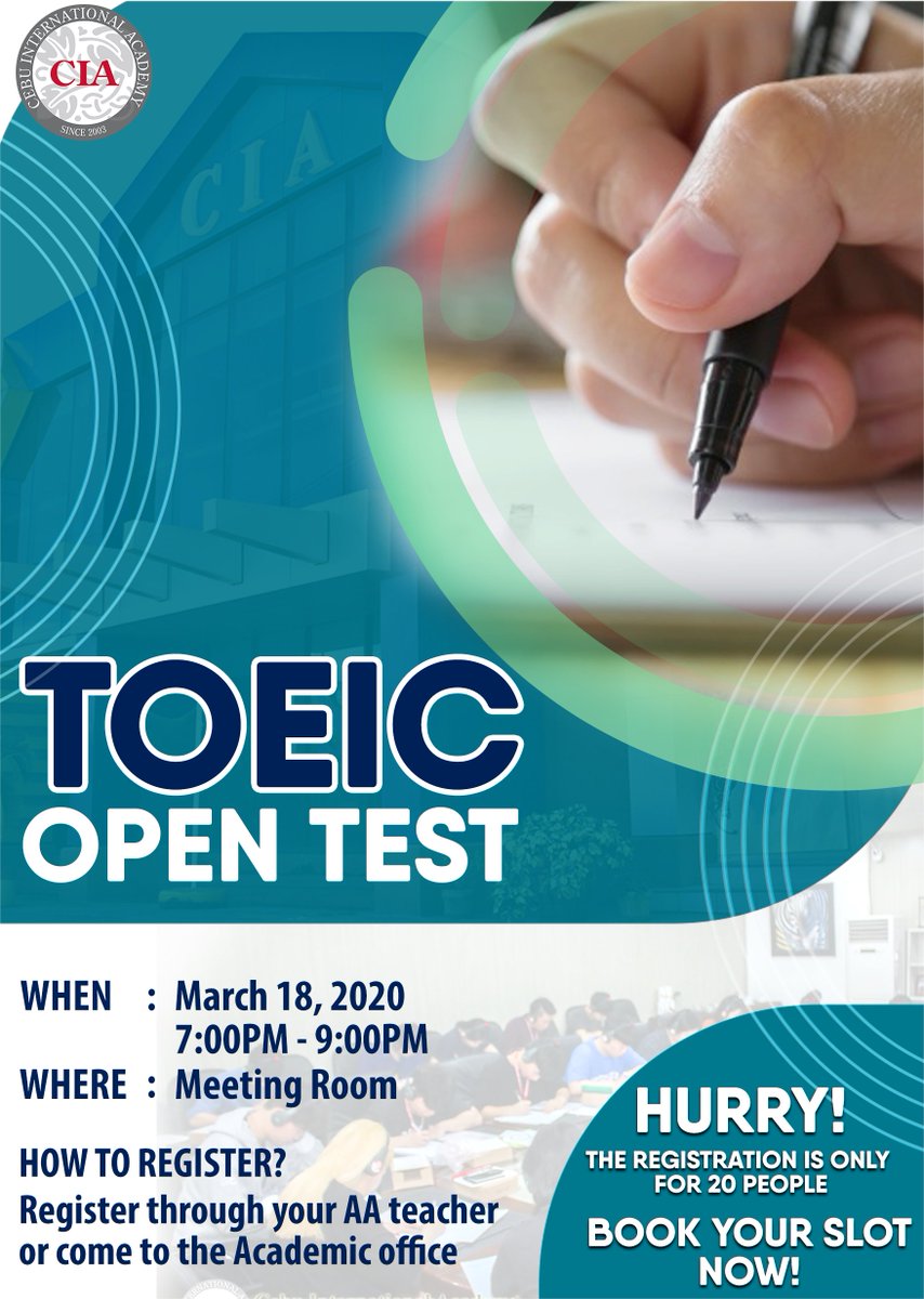 cebuciamain's tweet photo. Are you preparing to enter the IELTS or TOEIC courses in the future or do you want to take the IELTS or TOEIC public test? Then this test is for you!!! We have our IELTS and TOEIC Open Test for you on March 18, 2020. Register now :)

#cebucia #philippineschool #studyenglish https://t.co/EjtoNwmqqk