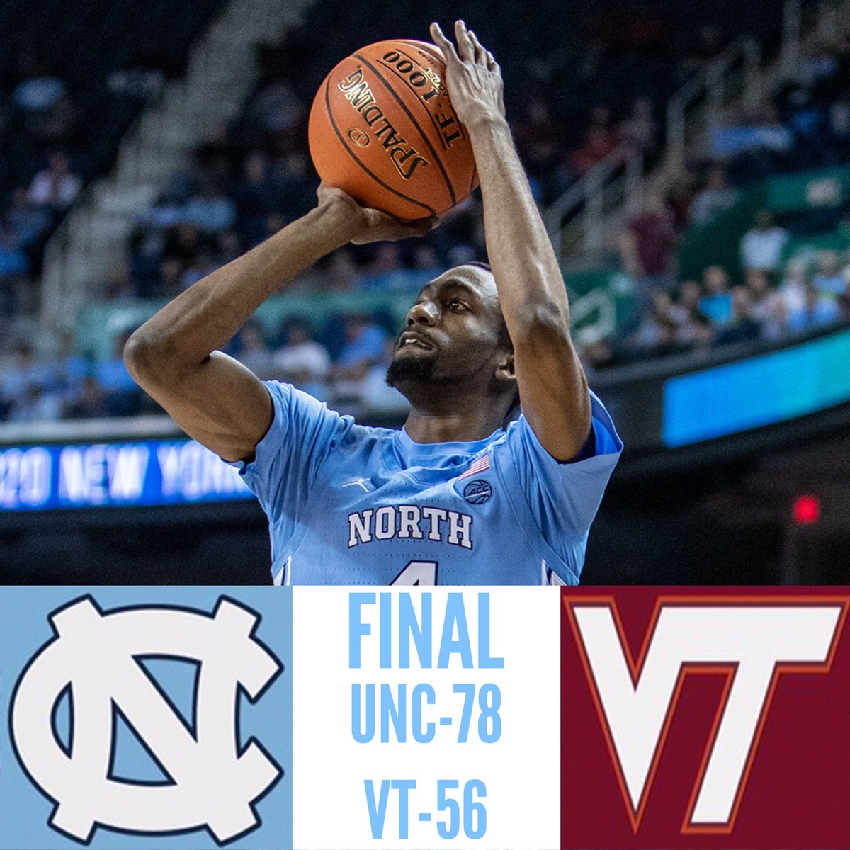 SRTarHeel's tweet photo. FINAL:
ACC Tournament - 1st Round
North Carolina-78
Virginia Tech-56
Photo: @UNC_Basketball https://t.co/tPRLzajkHe