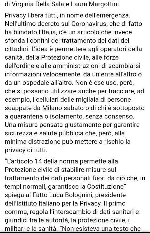 Ras_Dave_'s tweet photo. Dal Fatto Quotidiano
del #11Marzo
TEMPI DIFFICILI
PER I FURBETTI
Privacy
Via libera sullo scambio Dati "Norma Rischiosa"
Operatori ed Enti Possono Condividere tutte le informazioni dei Cittadini senza Autorizzazione
Finché dura l'Emergenza

di Virginia Della Sala
Laura Margottini https://t.co/ZbVA4HFyCD