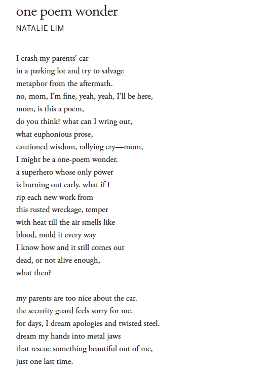 Natalie Lim Has A Chapbook Out I Wrote This Poem About Imposter Syndrome About Finishing A Piece Of Art Immediately Panicking That You Ll Never Create Anything Else Worthwhile For