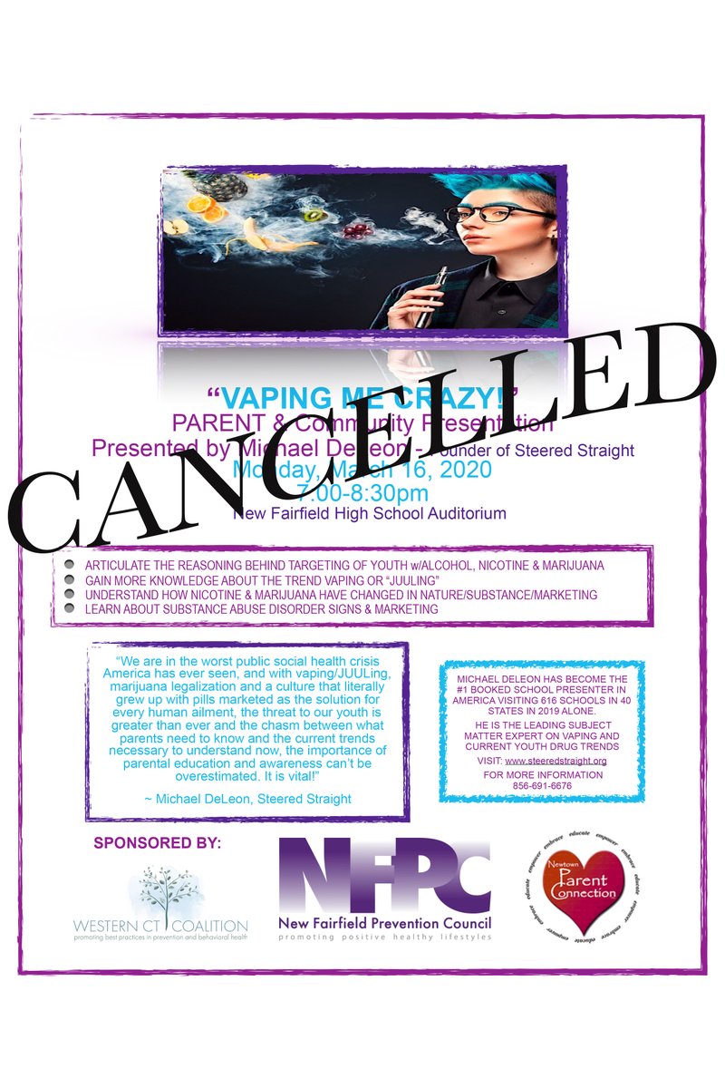 Our vaping presentation next Monday, March 16th is cancelled. We are working to re-schedule. Stay tuned... peace NF... and stay healthy! 💜☮️