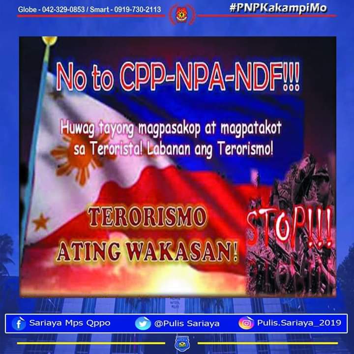 SariayaMps's tweet photo. INFOGRAPHICS

"No to CPP-NPA-NDF"

#PNPDPCR
#CPNPArchieFrancisoGamboa #RDDanaoJr
#PNP
#PNPPro4A 
#FYIPNP4A
#PNPPATROLPlan2030 
#PNPKakampiMo
#SariayaMPS
#SariayaBayangMapayapa
#QuezonPPO
#ToserveandProtect https://t.co/EQxmD8fB7t