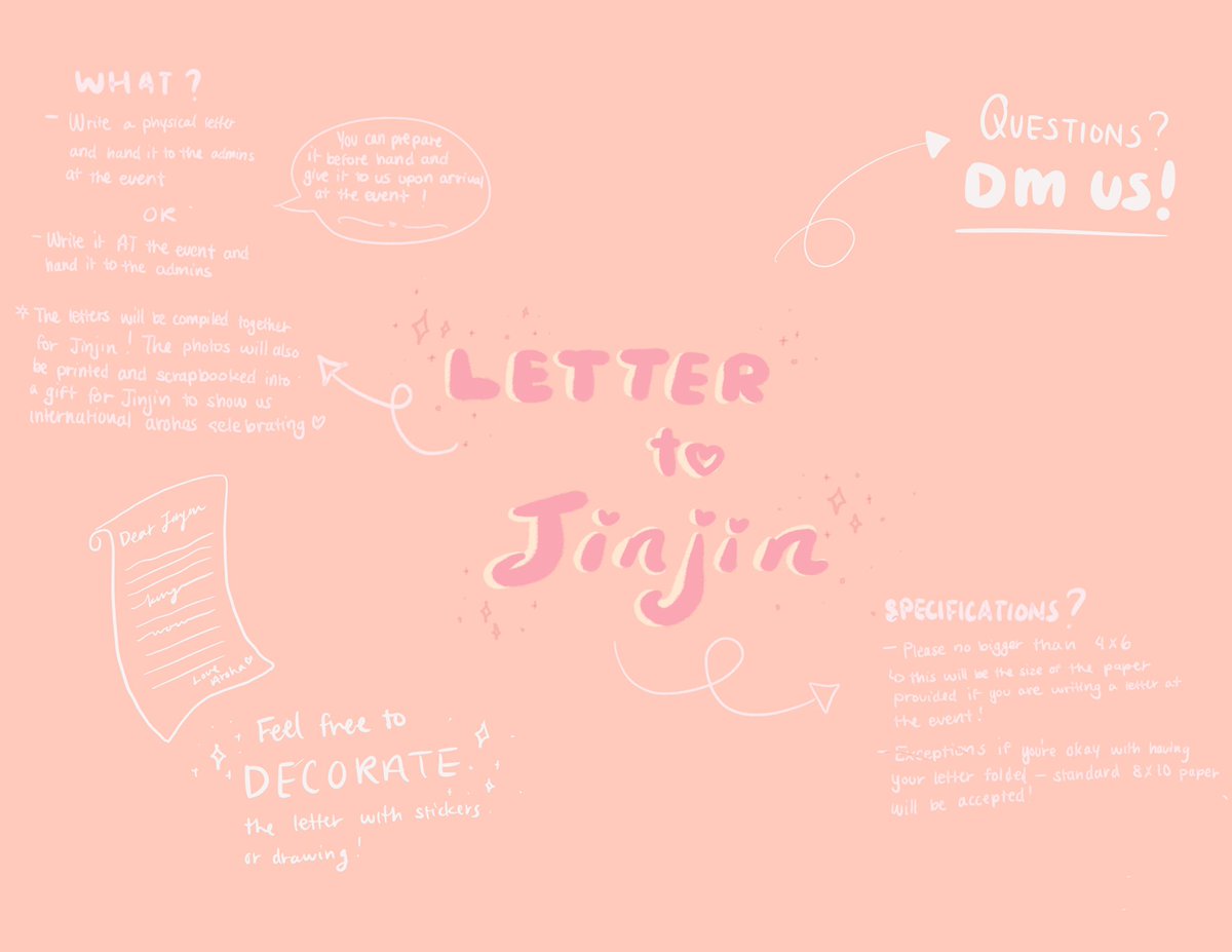 Special little project

✨Letter to Jinjin✨

Prepare a letter prior to the event this Sunday or write one at the event! These will be compiled into a gift for Jinjin along with photos so make sure to take lots and tag us &amp; #ADayWithTheLoveliestStar

Specifications + info in pic!