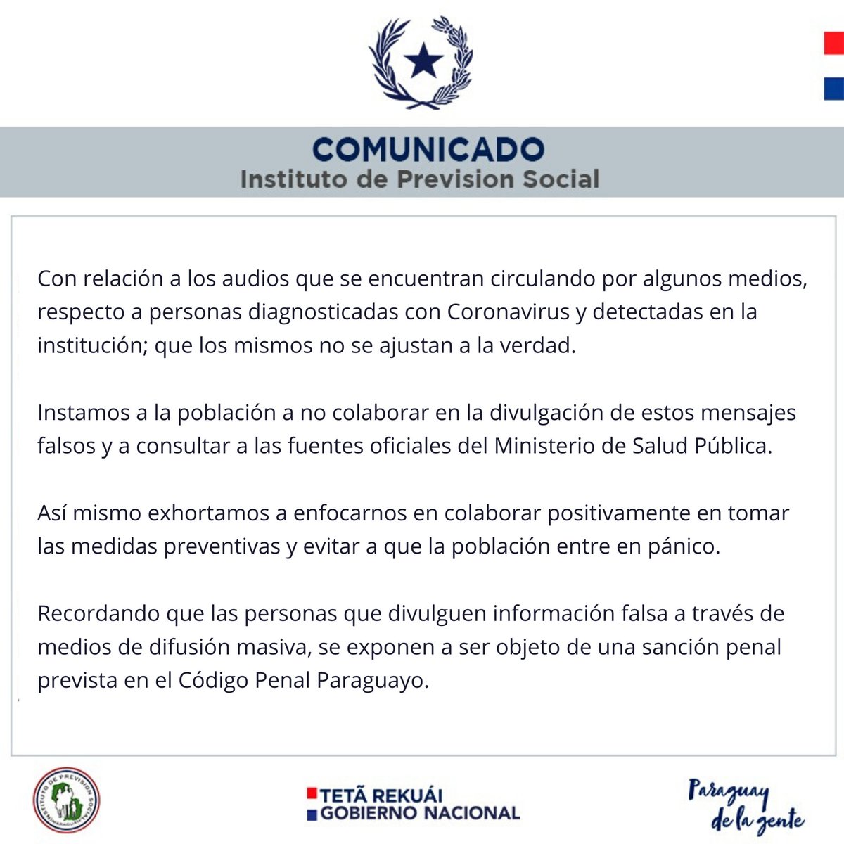 IPSParaguay's tweet photo. [COMUNICADO] Sobre audios que circulan por distintos grupos de WhatsApp https://t.co/rFfDRjaXzK