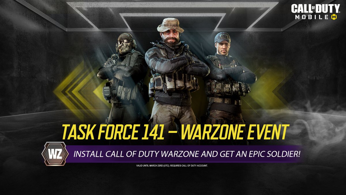 PlayCODMobile's tweet photo. Recruit a Task Force 141 Soldier on #CODMobile when you install Call of Duty: #Warzone, a #ModernWarfare experience!

👉 See details here: https://t.co/ZO5wQyzCno https://t.co/EtHje4JeTT