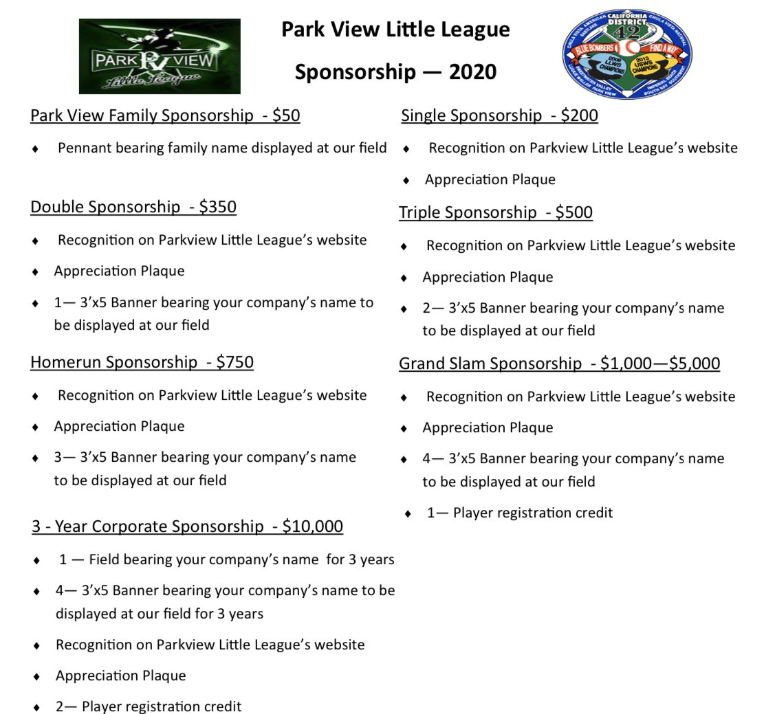 Interested in becoming a sponsor of Park View LL? We have opportunities from Family thru Corp sponsorships. For more info check out our Sponsorship page on our website (parkviewlittleleague.com) or for any questions reach out to our Sponsorship Team (PVLLSponsorshipTeam@gmail.com)