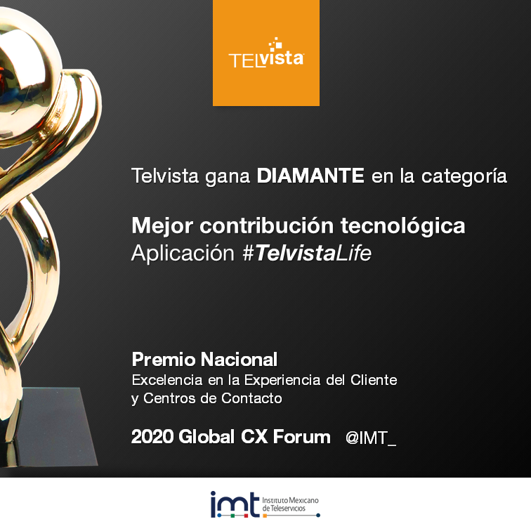 Telvista gana DIAMANTE en la categoría Mejor contribución tecnológica | Aplicación #TelvistaLife

_

Premio Nacional | Excelencia en la Experiencia del Cliente y Centros de Contacto
2020 Global CX Forum

#CustomerExperienceIMT