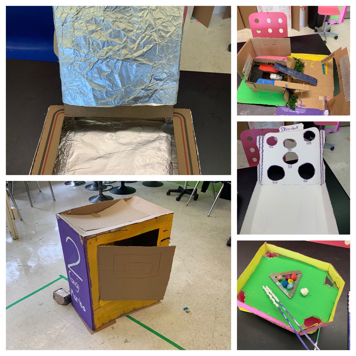 Ms_SallySchultz's tweet photo. We had an awesome 1st round of March Madness. The Pizza Box Challenge (creativity and teamwork) was so awesome! From ping pong tables to working pencil dispensers, solar ovens, vending machines and more! We were super impressed and can’t wait for round 2! https://t.co/hAGeKSXiPy
