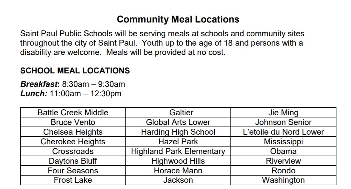 sppsnutrition's tweet photo. The following schools are serving breakfast and lunch at no cost to youth 18 and under through the duration of the strike. https://t.co/lqUBmK292N