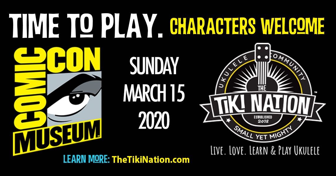 ComicConMuseum's tweet photo. New Quarterly Event at the #ComicConMuseum: The Official Comic-Con Tiki Nation Freaky Geeky #Ukulele Jam is debuting it's first play-along on Sunday March 15, from 5 PM - 7 PM with a free Ukulele mini-workshop from 1:30 PM - 2:30 PM https://t.co/TCqwoaAI6Y #tikination https://t.co/p4AkrFG78w
